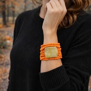 Orange beaded statement bracelet square faux stone cuff chunky boho jewelry